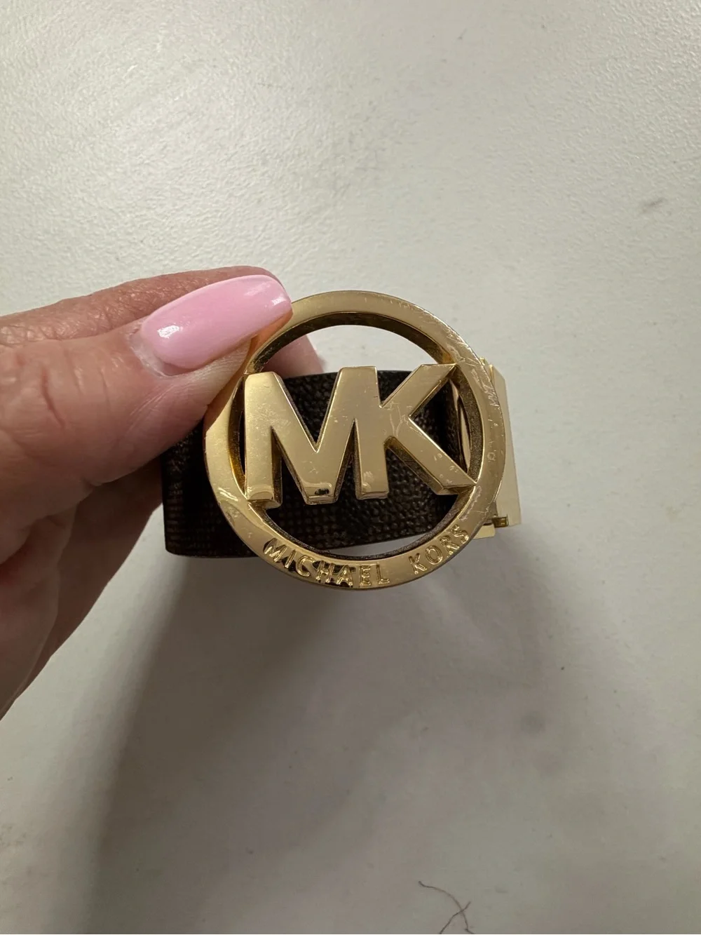 Michael Kors Women’s Reversible  Brown & Black Logo Leather Belt with Gold Buckl